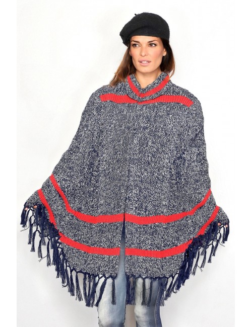 Poncho tricotat pentru femei bleumarin - alb