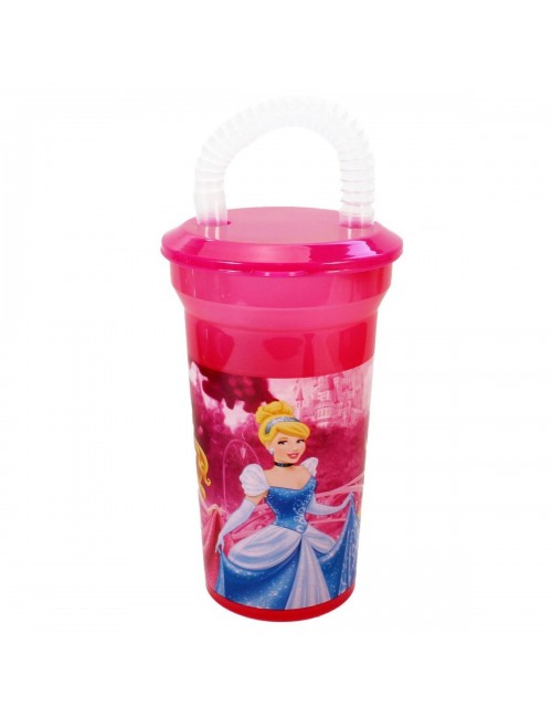 Pahar din plastic fucsia cu pai Disney Princess 400 ml