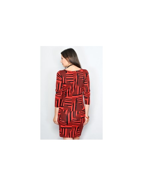 Rochie de zi cu imprimeu geometric, rosu-negru